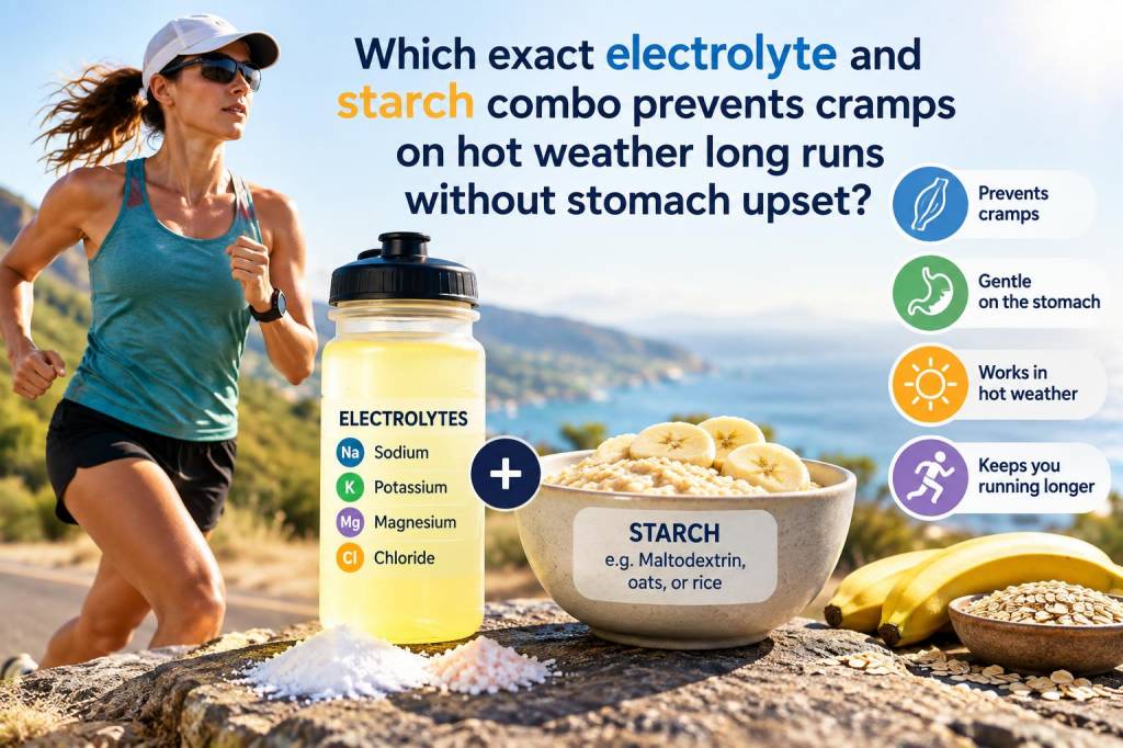 Which exact electrolyte and starch combo prevents cramps on hot-weather long runs without stomach upset