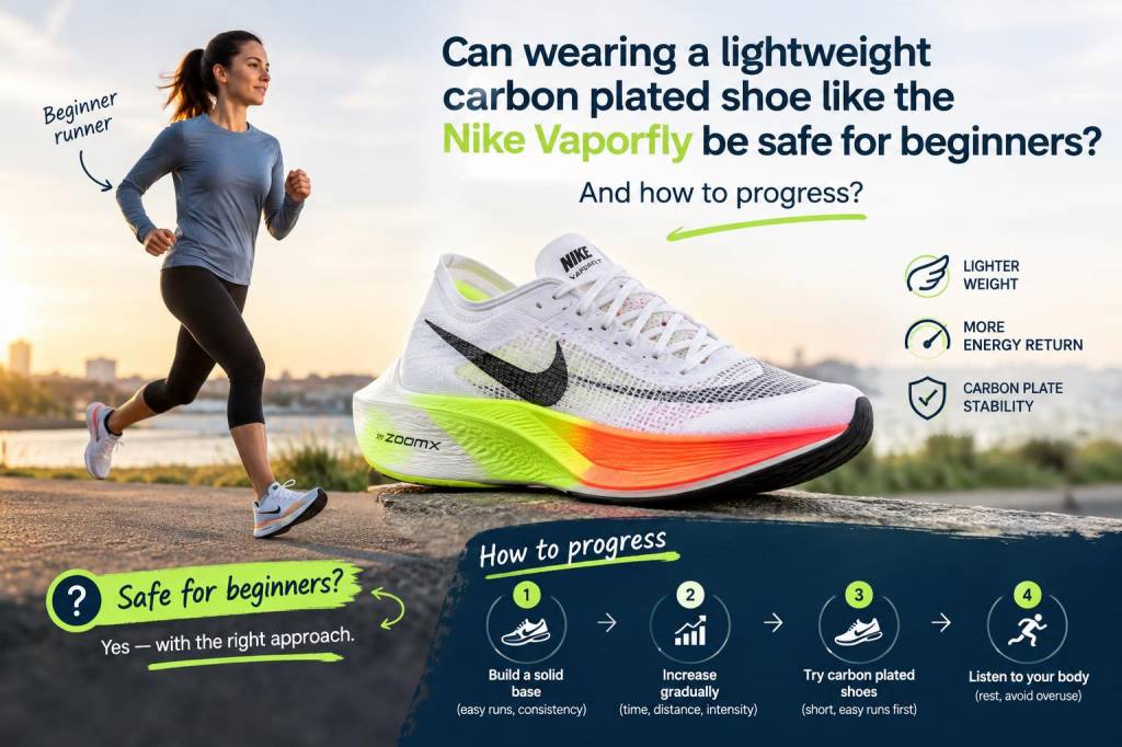 Can wearing a lightweight carbon-plated shoe like nike vaporfly be safe for beginners and how to progress